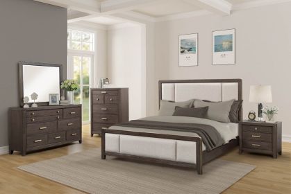 King Upholstered Headboard & Footboard Antique Brown Wood Finish with Traditional Styling
