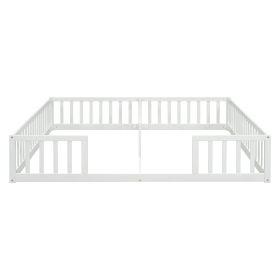 Double Twin Floor Bed with Fence, Guardrails, without door, White