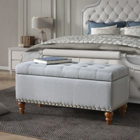 Ottoman storage bench, recessed support hinge top easy to open, rivet trim around, bedroom, entrance, living room, linen (Grey)