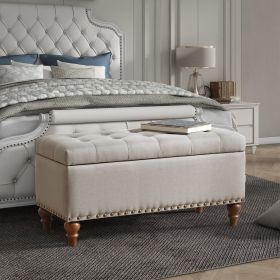 Ottoman storage bench, recessed support hinge top easy to open, rivet trim around, bedroom, entrance, living room, linen (Beige)
