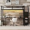 Twin XL Size Loft Bed with L-shaped Desk and USB, Metal Loft Bed with Wardrobe and Adjustable Shelf, High Loft Bed with LED for Kids Teens Adults