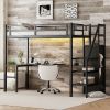Twin XL Size Loft Bed with L-shaped Desk and USB, Metal Loft Bed with Wardrobe and Adjustable Shelf, High Loft Bed with LED for Kids Teens Adults