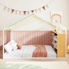 Full Size Metal Bed House Bed Frame with Shelves and Lights, White