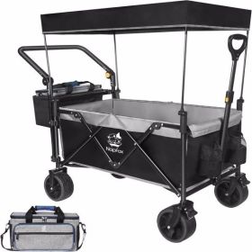 Collapsible Wagon Heavy Duty Folding Wagon Cart with Removable Canopy, 4" Wide Large All Terrain Wheels, Brake, Adjustable Handles (Color: as picture)