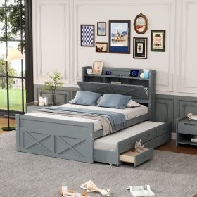 Full Size Wooden Bed with Storage Headboard with Outlets, Extendable Bed with Twin Size Trundle with Three Storage Drawers (Color: as Pic)