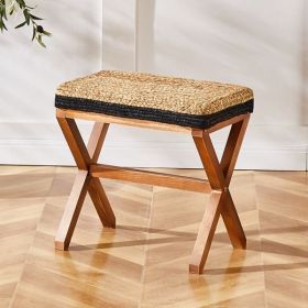 Ottoman Footstool Natural Seagrass Footrest Pouf Ottomans with X Wooden Legs Rectangular Hand Weaving Foot Rest for Living Room Patio Balcony 17 inch (Color: as picture)